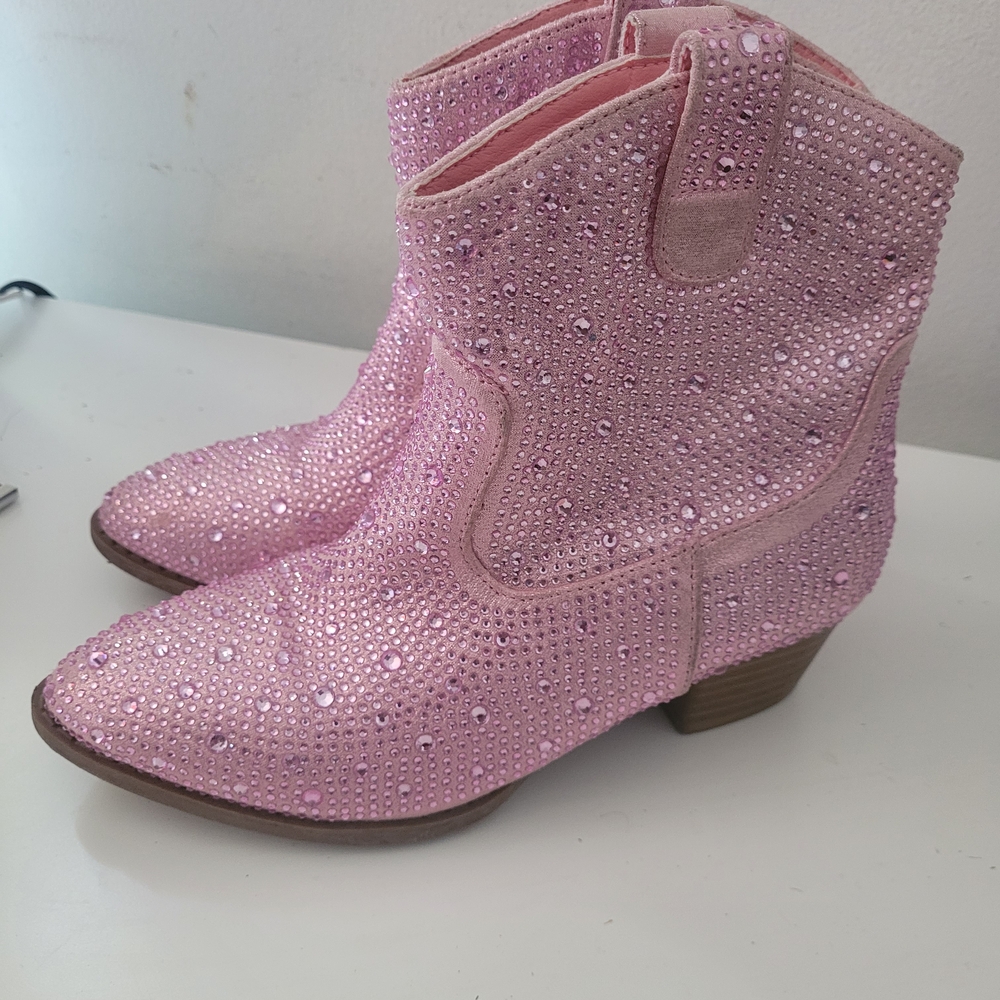 Link Pink Rhinestone Embellished Ankle Boots For.little Girls
